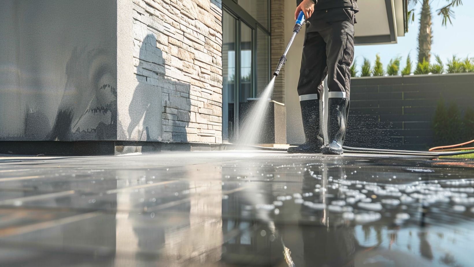 House washing services using a pressure washing hose and nozzle to clean exterior surfaces